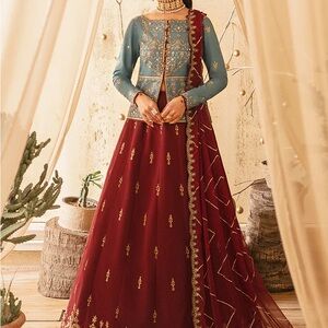 Elegant Blue and Maroon Embroidered Women's Dress